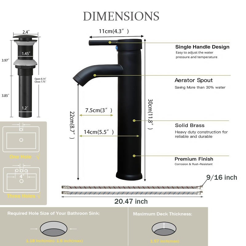 Green Spring Greenspring Matte Black Bathroom Faucets, Vessel Sink Faucet One Hole Single Handle Modern Lavatory Commercial Bath Vanity Bowl Faucets Tall Body with Pop Up Drain and Supply Line, Brass - Image 2